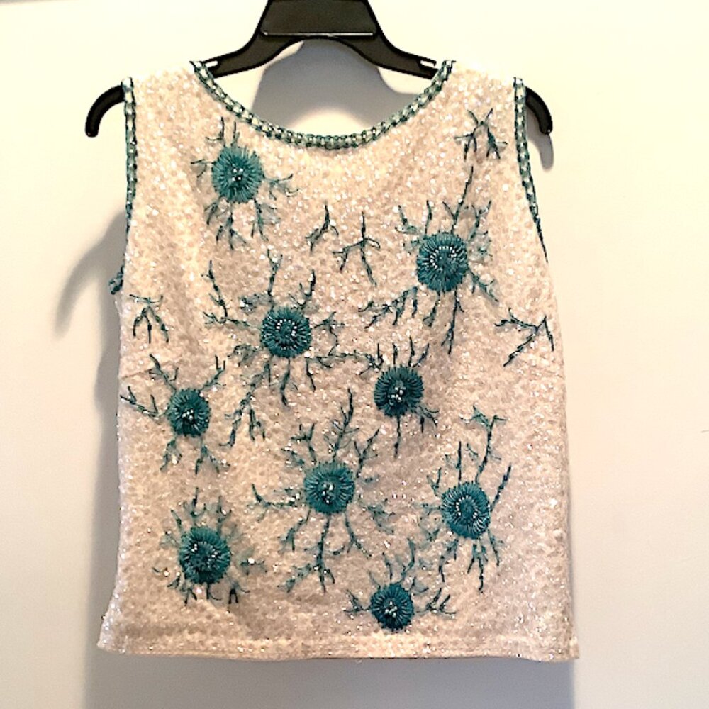 Imperial Imports: Sleeveless Beaded 100% wool top: hand finished, hand decorated